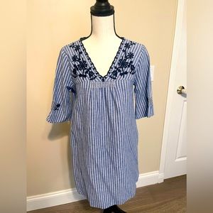 Madewell Women’s 3/4 sleeve blue white striped v neck tunic dress
